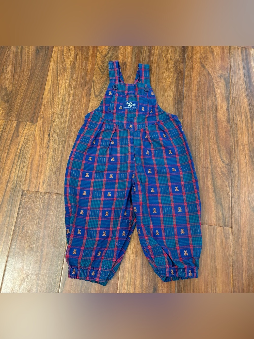 Osh Kosh B’Gosh Vintage Teddy Bear Blue/Green/Red Plaid Overalls